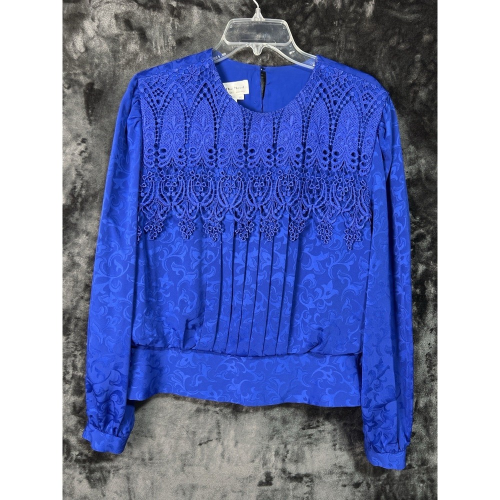 Vintage 90s Blue‎ Lace Jacquard Blouse Size 14 Retro Formal Top